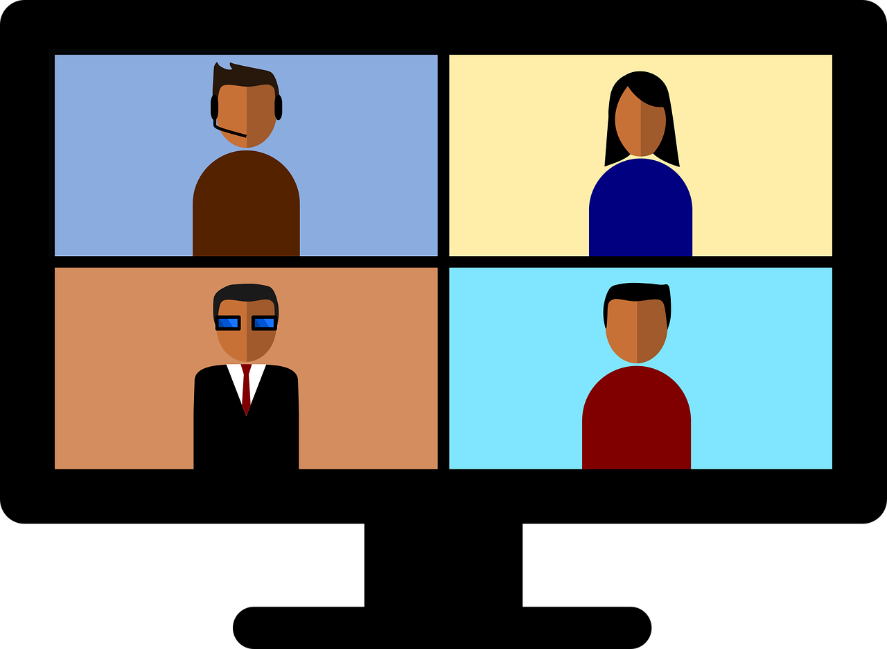 cartoon image of four people on a video conference