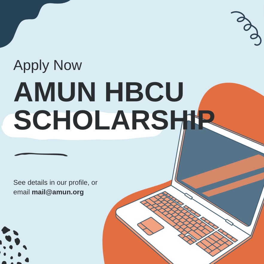 Image with laptop encouraging HBCUs to apply for the AMUN Scholarship
